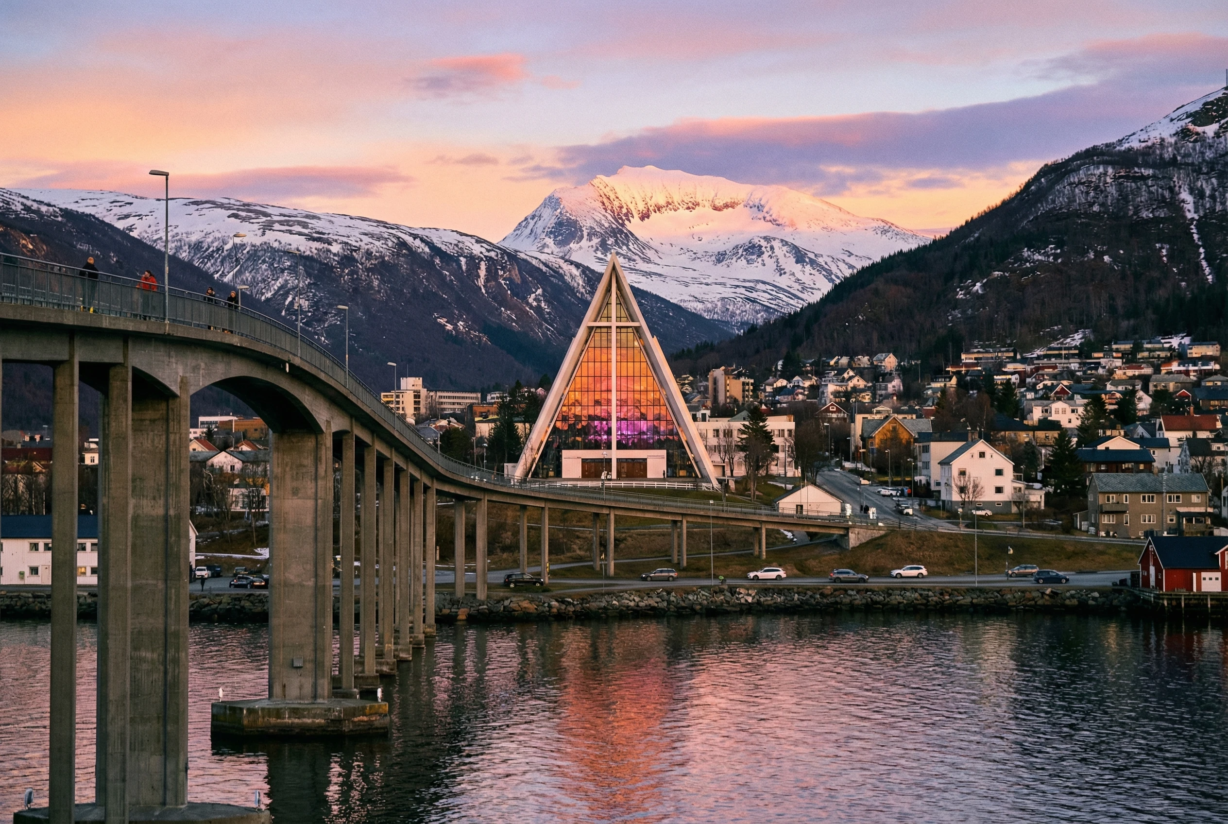 Arctic Cathedral Tromsdalen viewed from Tromsø bridge at sunset - best photo spot location