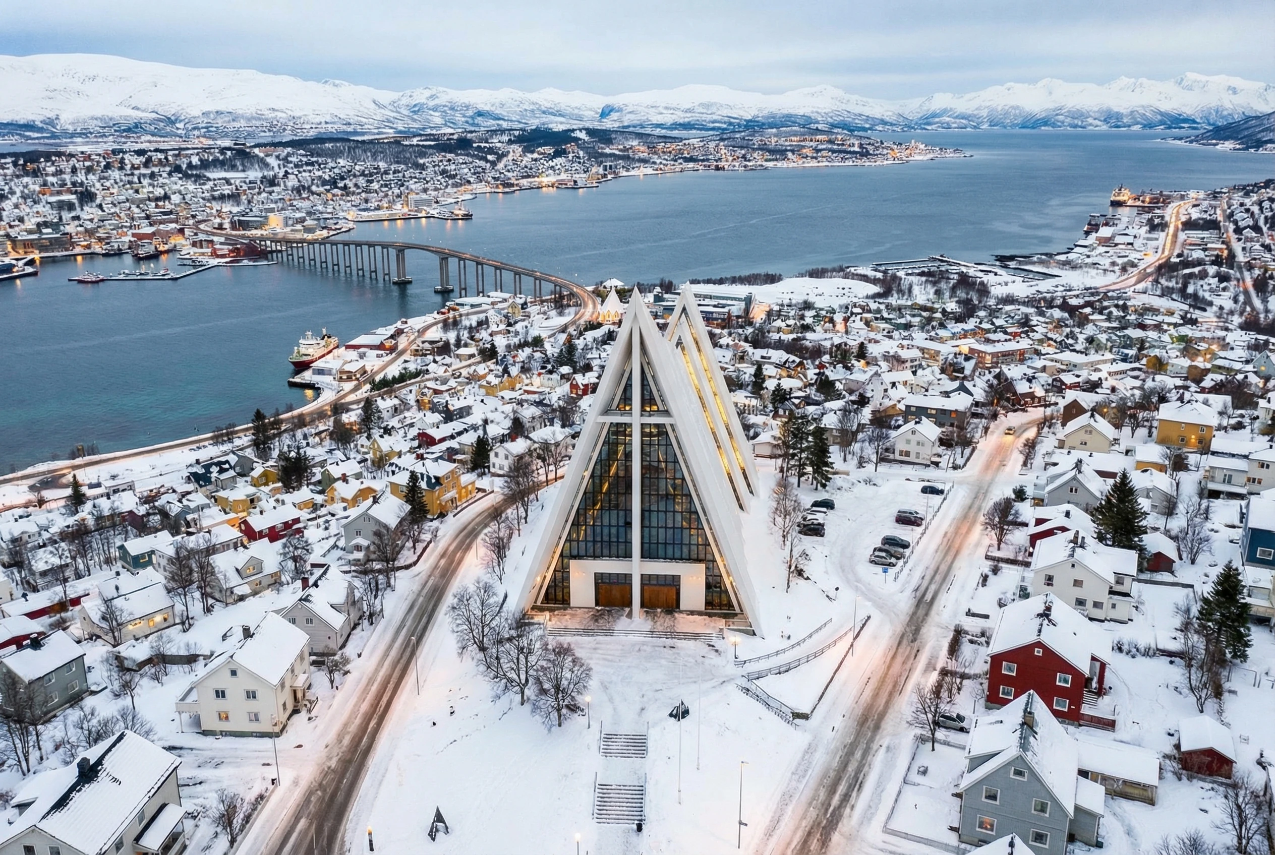 Arctic Cathedral from cable car - aerial photography view from Fjellheisen Tromsø