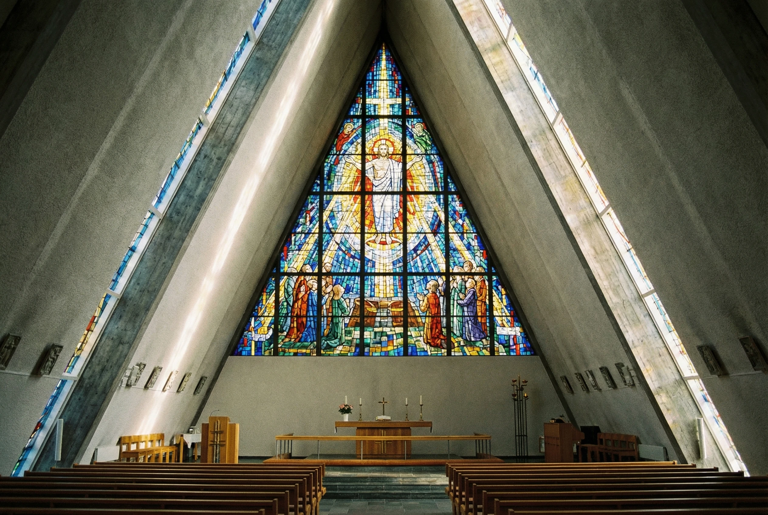 Inside Arctic Cathedral Tromsø - Victor Sparre's famous 140 square meter stained glass mosaic window masterpiece