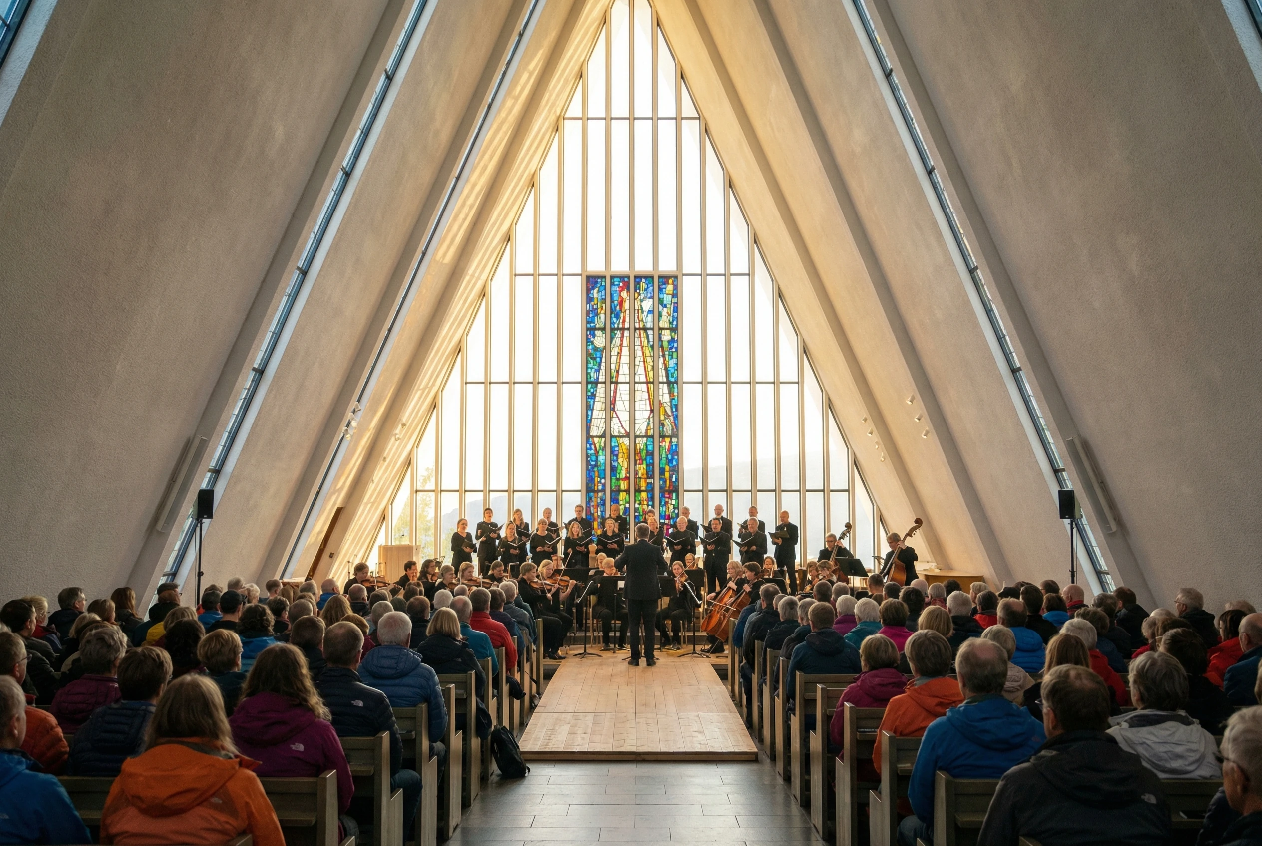 Midnight sun concert performance at Arctic Cathedral Tromsø - classical music under Arctic summer sky